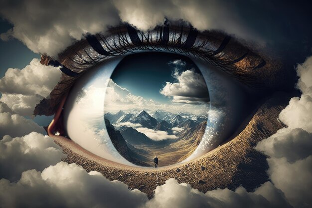 Dream and imagination through human vision eye sight into the cloud in sky