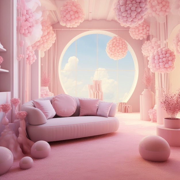 Photo dream marshmallow room with pink walls and furniture