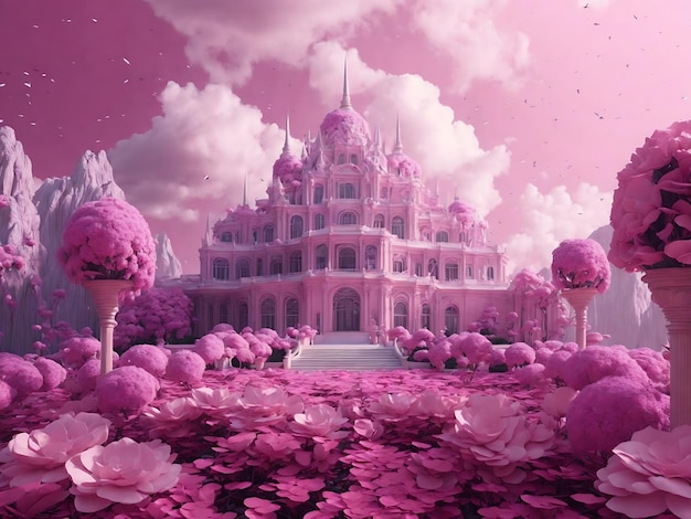 Dream Palace Surrounded by Pink Flowerscreated with tecnology Ai generation