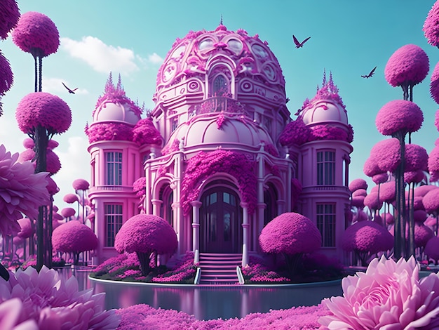 Dream Palace Surrounded by Pink Flowerscreated with tecnology Ai generation