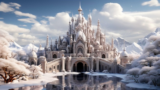 A dream world snow white palace with magnificent decorations luxurious above the Generate AI