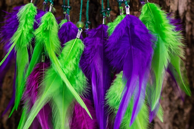 Dreamcatcher made of feathers leather beads and ropes