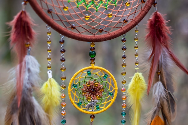 Dreamcatcher made of feathers, leather, beads, and ropes