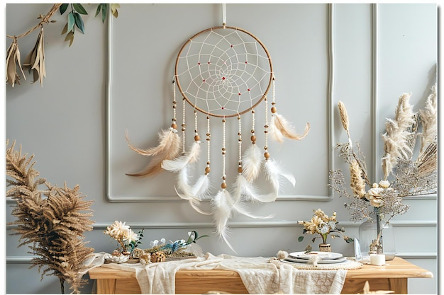 Photo a dreamcatcher with beige and white colors hanging on the wall boho style with feathers beads wo