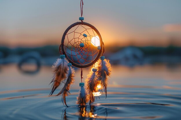 Photo dreamcatcher with feathers hanging on the water white background sunset closeup front view symm