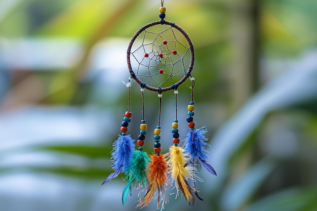 Dreamcatcher with multi color circular web feathers and beads hanging on white background high re