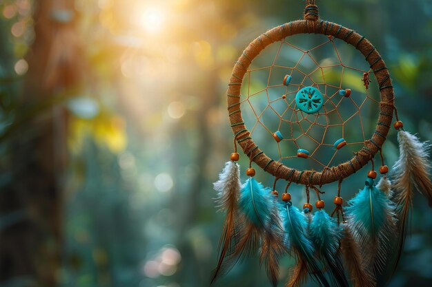 Dreamcatcher with turquoise feathers hanging in the forest blurred background sunlight through the