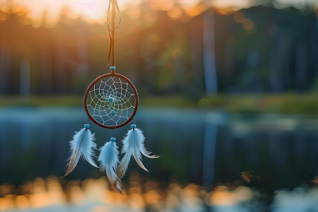 Photo dreamcatcher with white feathers hanging high quality high resolution