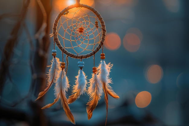 Photo dreamcatcher with white feathers hanging high quality high resolution