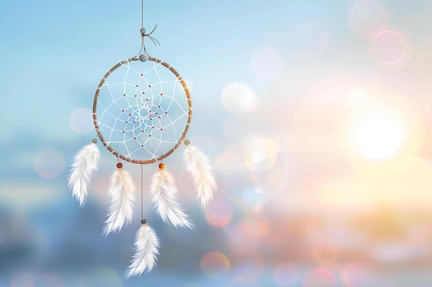 Dreamcatcher with white feathers hanging in the sky pastel colors blurred background of sunset and