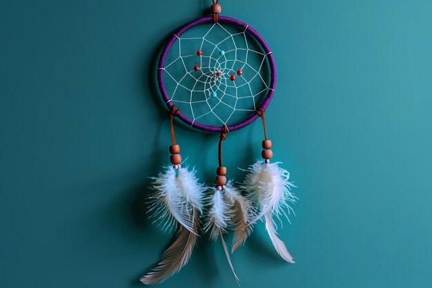 Dreamcatcher with white feathers on a turquoise background laid flat concept banner for web design