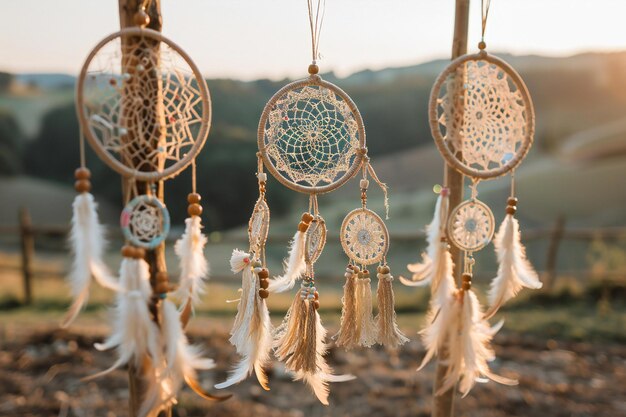 Dreamcatchers hanging from wooden sticks with delicate lacework and tassels in neutral tones set a