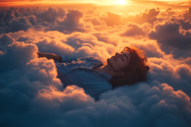 Photo dreamer curled up on a gentle cloud drifting above a tranquil sunset