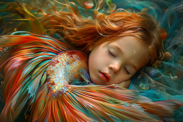 Photo dreaming of a colorful betta splendens realistic details of a sleeping kids wish to buy one