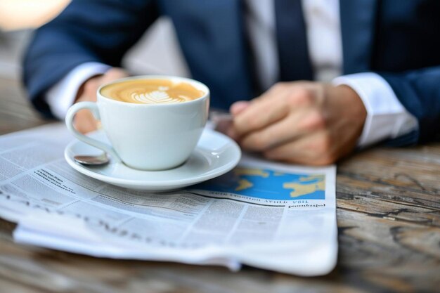 Photo dreaming man drinking coffee while reading the news