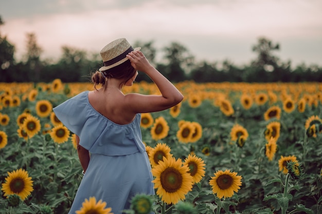 Dreaming young woman in blue dress holding a hat with a hand and walking away in a field of sunflowers at summer, view from her back. Looking to the side. copy space