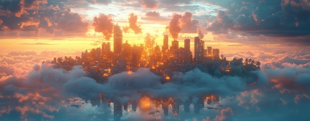 Photo dreamlike cityscape above the clouds at sunset