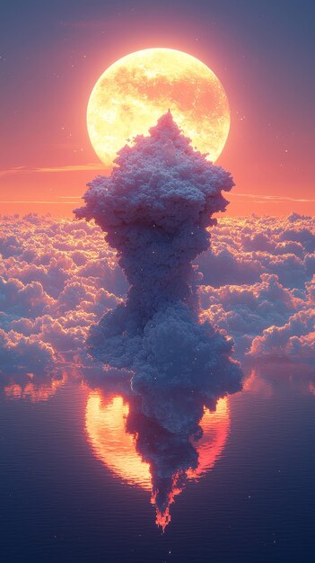 Photo dreamlike cloud tower with full moon reflection