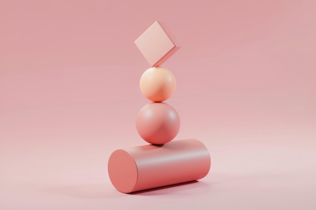 Dreamlike Composition of Cylinder Sphere and Diamond Against a Soft Pink Background