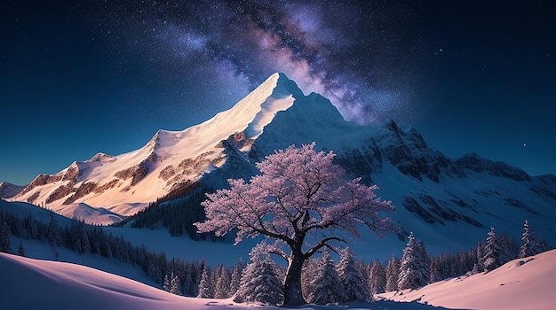 A dreamlike digital painting of a snowcapped mountain with a kaleidoscopic tree in the foreground