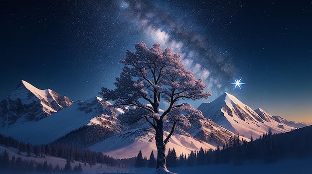 A dreamlike digital painting of a snowcapped mountain with a kaleidoscopic tree in the foreground