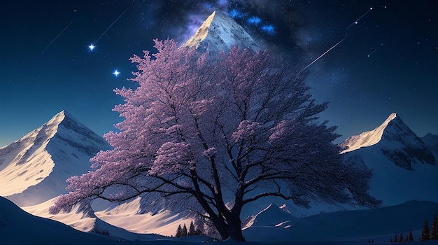 A dreamlike digital painting of a snowcapped mountain with a kaleidoscopic tree in the foreground