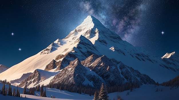 A dreamlike digital painting of a snowcapped mountain with a kaleidoscopic tree in the foreground