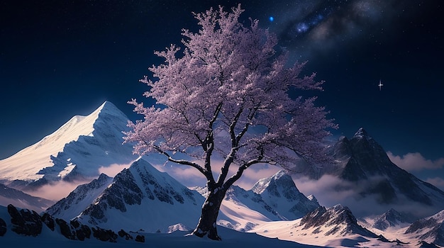 A dreamlike digital painting of a snowcapped mountain with a kaleidoscopic tree in the foreground