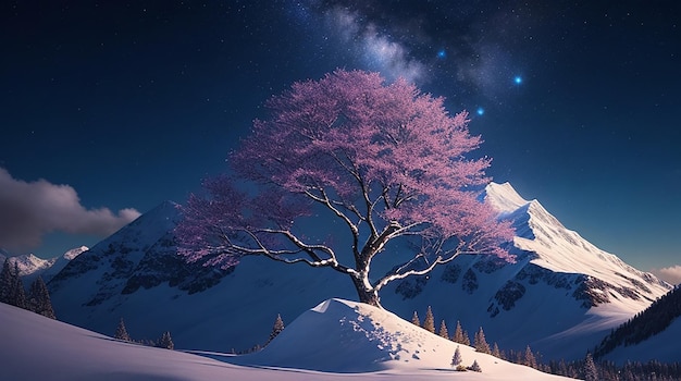 A dreamlike digital painting of a snowcapped mountain with a kaleidoscopic tree in the foreground