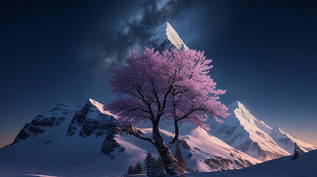 A dreamlike digital painting of a snowcapped mountain with a kaleidoscopic tree in the foreground