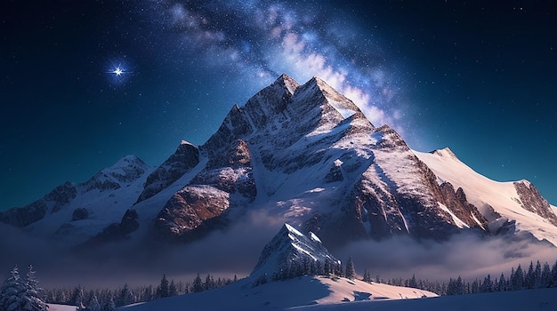 A dreamlike digital painting of a snowcapped mountain with a kaleidoscopic tree in the foreground