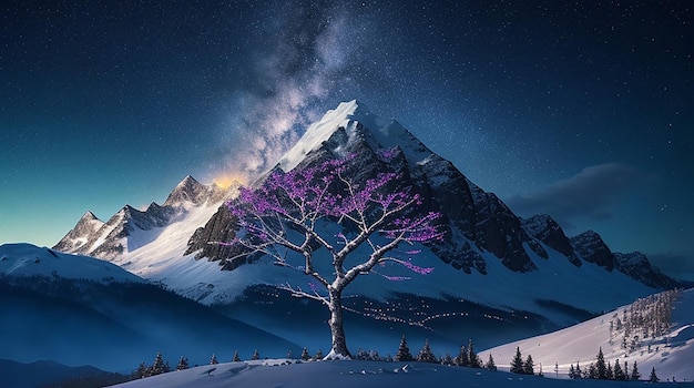 A dreamlike digital painting of a snowcapped mountain with a kaleidoscopic tree in the foreground