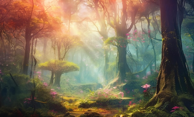 Dreamlike Forestscape Surreal Trees River and Blooming Flowers Nature's Dreamscape Surreal