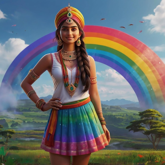 A dreamlike image of the indian girl standing on a rainbow signifying the happiness and vivid color