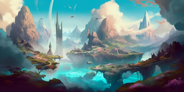 Dreamlike landscape featuring a towering mystical mountain surrounded by floating islands and otherworldly creaturesGenerative AI