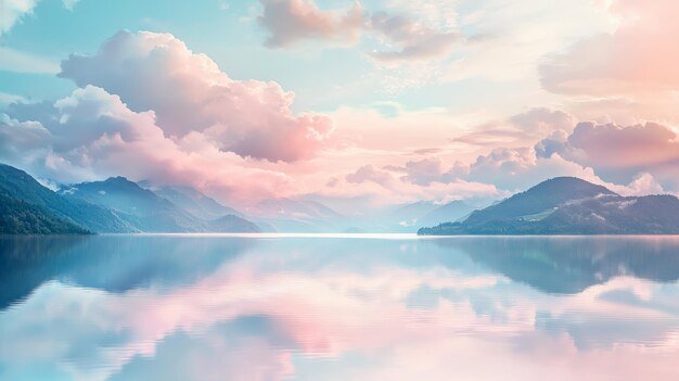 Photo a dreamlike landscape with soft pastel colors and floating clouds over a tranquil lake