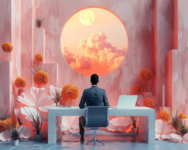 Dreamlike Office Setting Businessman at Floating Desk Amidst Geometric Shapes