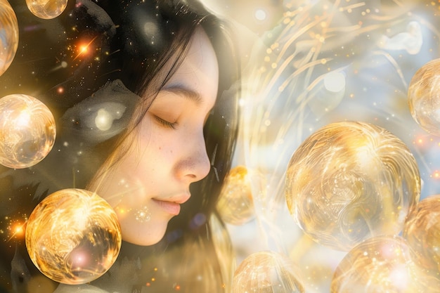 Photo dreamlike portrait with cosmic orbs