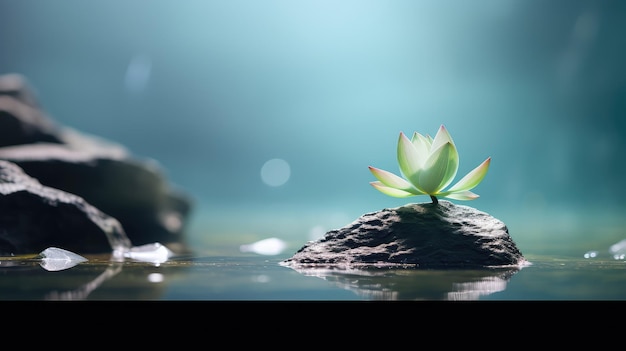 Dreamlike Reflection of a Lotus Flower on a Rock in a Light Green and Dark Cyan Landscape