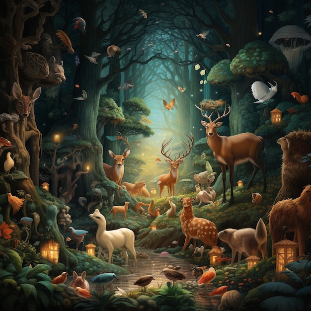 A dreamlike scene of a forest full of talking animals