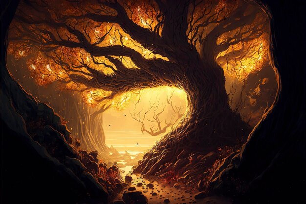 A dreamlike scene of a forest with a giant tree that seems to be made of gold, its branches and leav