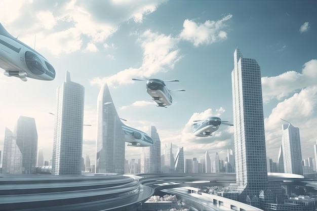 Dreamlike scene of futuristic city with flying cars towering buildings and advanced technology