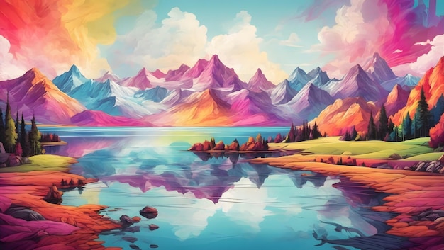 A dreamlike scene of a lake surrounded by a vibrant array of mountains illustration