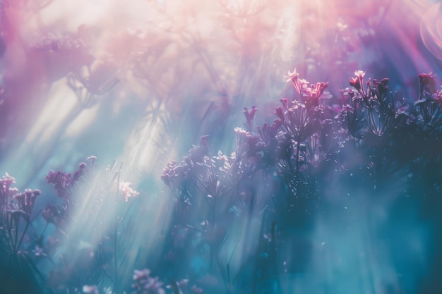 Photo a dreamlike scene of light streaming through delicate purple flowers evokes a sense of serenity and ethereal beauty