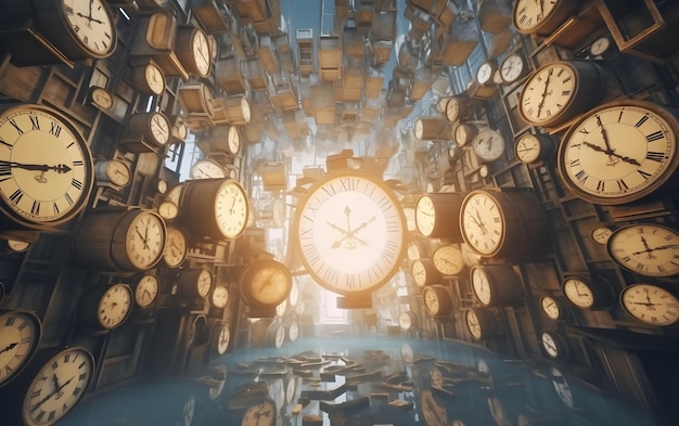 dreamlike scene with floating clocks