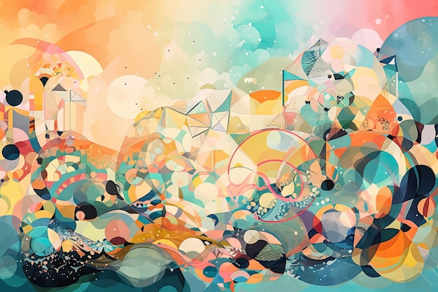 Dreamlike scene with floating shapes and colors like a kaleidoscope