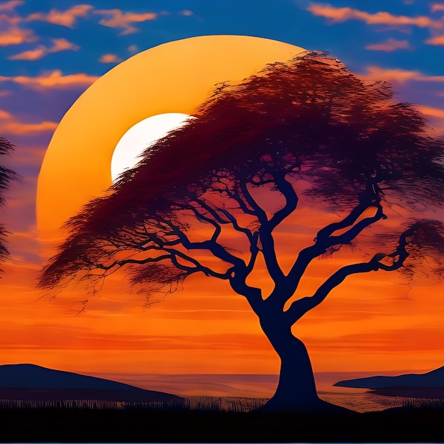 A dreamlike sunset with a hazy sky and sun with a single tree