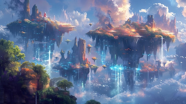 Dreamlike Surreal Landscape with Floating Islands and Cascading Waterfalls