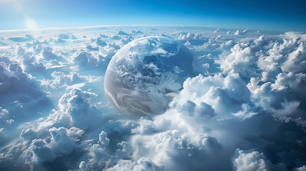 Photo dreamlike view of earth floating amidst a sea of clouds in blue sky