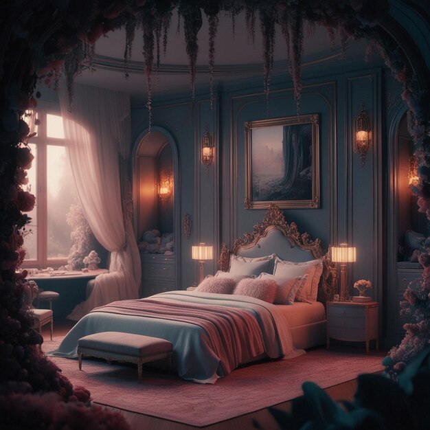 Photo dreamscape reverie a cinematic journey into a fantastical bedroom